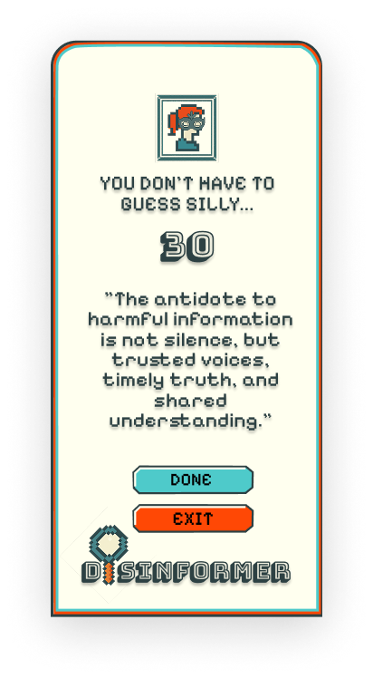 Disinformer app screen: collaborate on the clue